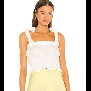 Revolve Bardot linen White Smocked Peplum Tank Top tie shoulder